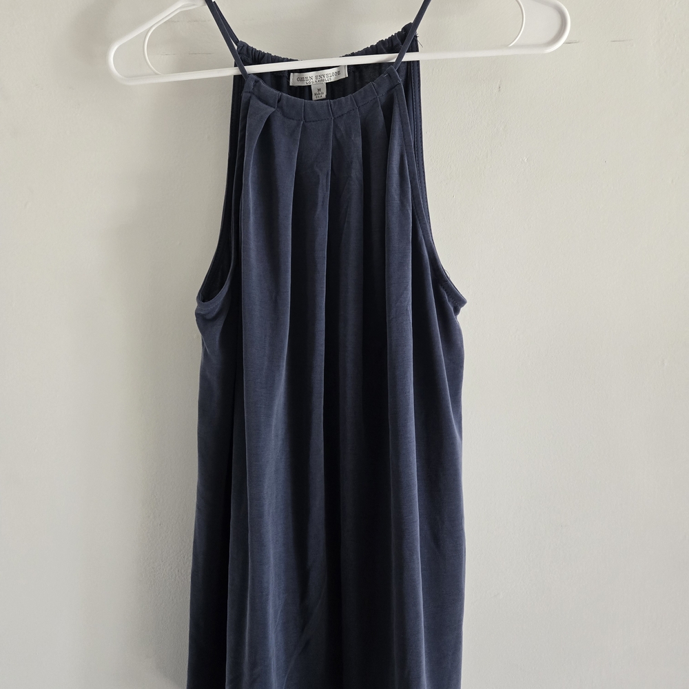Green Envelope Dark Blue Sleeveless Blouse